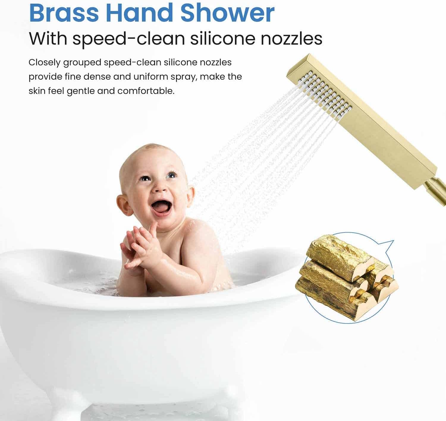 KIBI Freestanding Bathtub Faucet with Hand Shower, Floor Mounted Tub Filler – Single Handle Solid Brass Bathroom Faucet with Ceramic Cartridge & Stainless Steel Hose, Brushed Gold (KTF302BG)