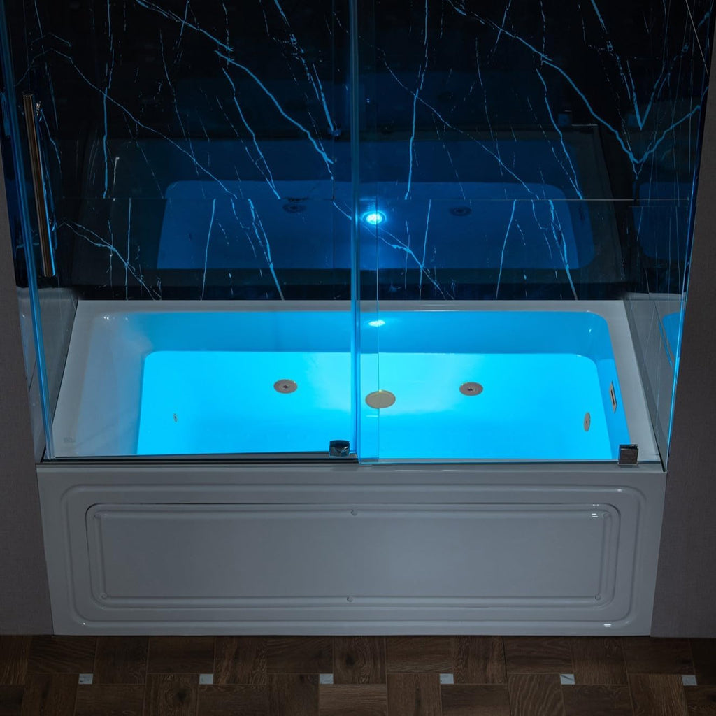 WOODBRIDGE 60' x 32' Alcove Acrylic Rectangular Whirlpool Heated Jetted Tub in White with right Drain, Brushed Gold Finish Trim and Drain Kit Included, BS667-R-BG03