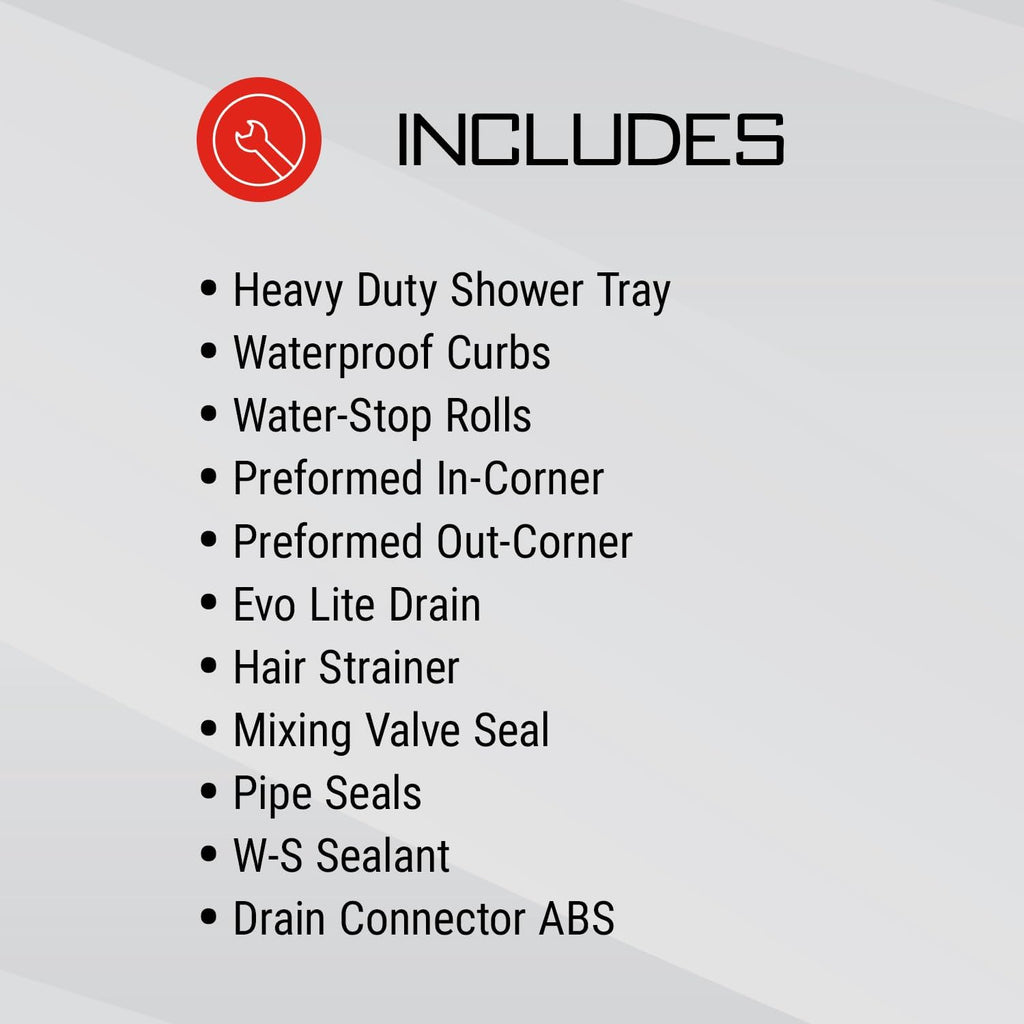 GURU USA SuperKit Square Complete Shower Kit with Heavy Duty Tray, Evo Lite Stainless Steel Drain, & Waterproof Membrane Roll, Bathroom Accessories, 48' x 72', Center Drain, PVC Connector