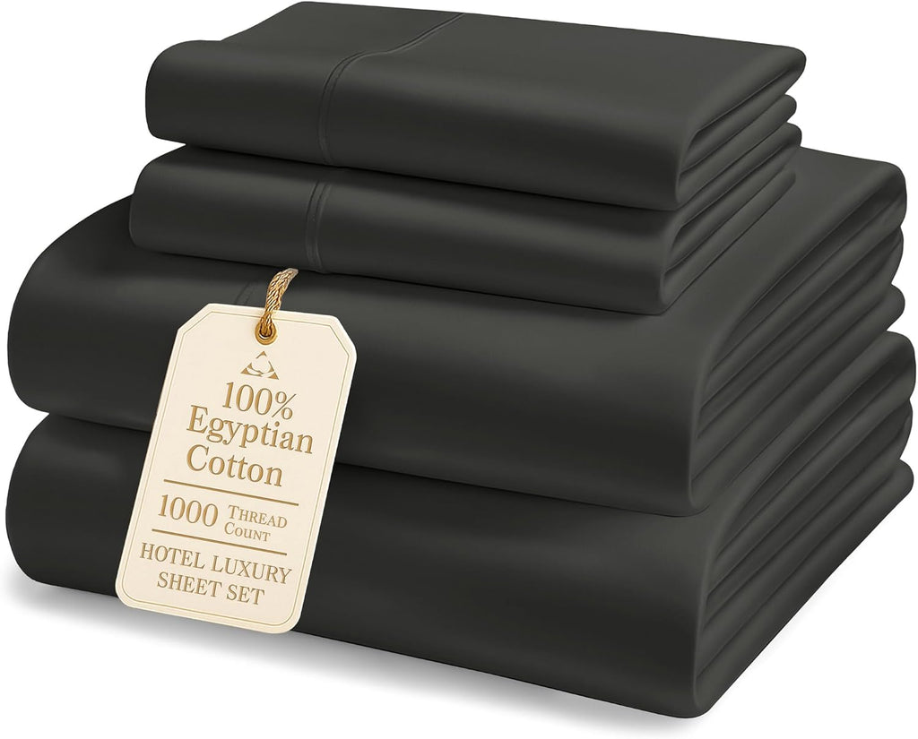 100% Egyptian Cotton Sheets Queen Size Bed Set – 1000 Thread Count Naturally Cooling & Breathable Sateen Queen Sheets Set, Long-Staple Cotton for Lasting Softness, Snug Fit 15' Deep Pocket - Black