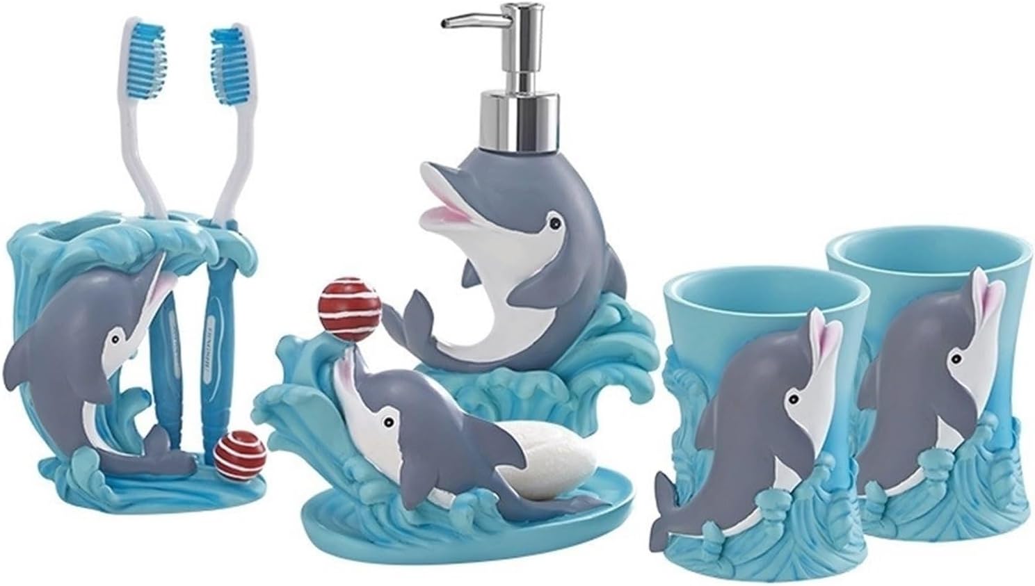 Bathroom Accessories Set, 5-Piece Blue Dolphin Soap Dispenser, Toothbrush Holder, Soap Dish, 2 Tumblers Bath Set