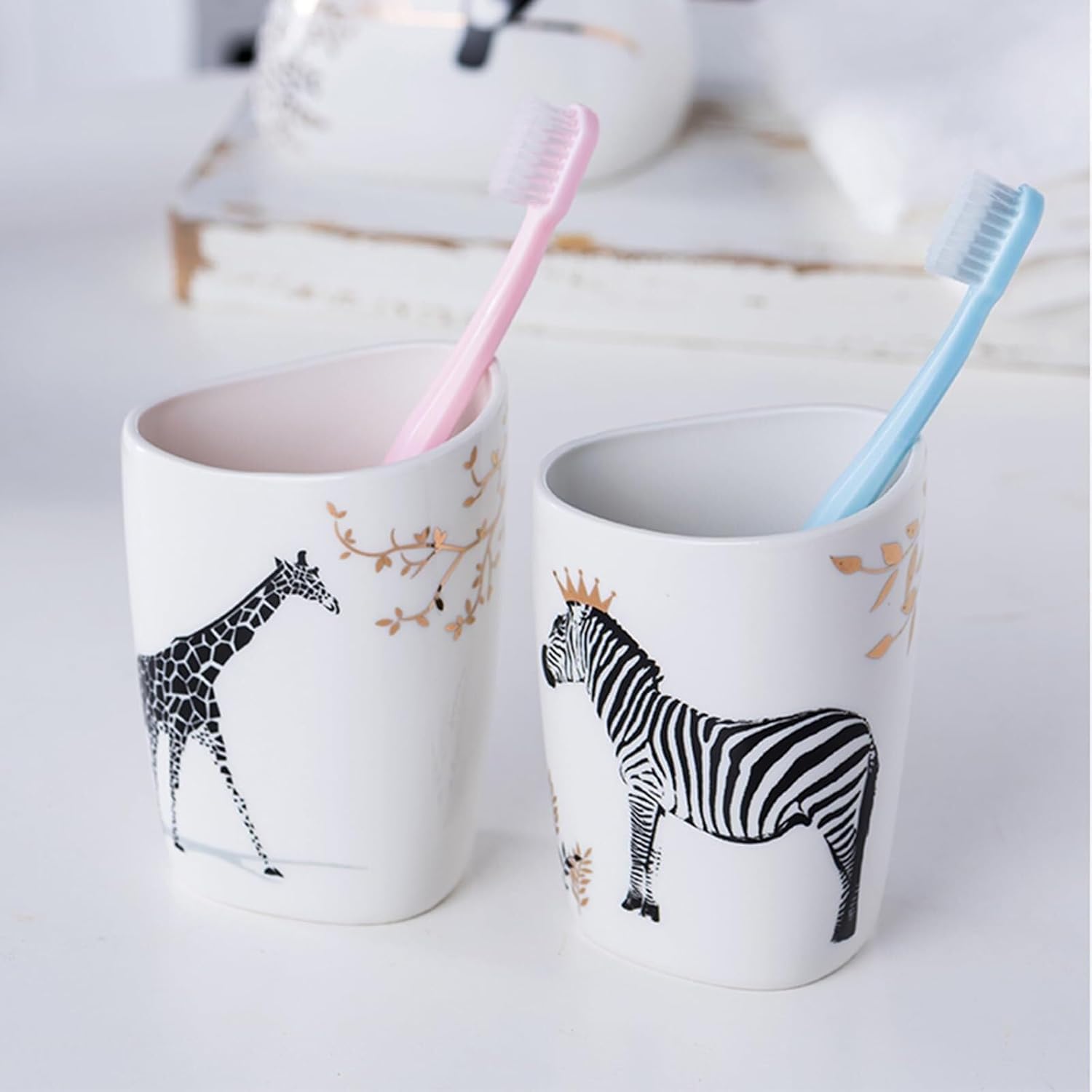 Bathroom Accessories Set Soap Dispenser Set White Bathroom Accessory Sets with Toothbrush Cup Dish Holder for Apartment Dormitory Victorian Decor(Animal)