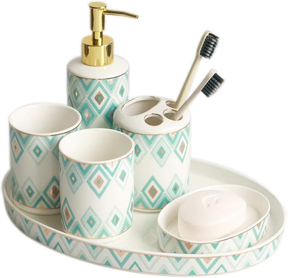 Kitchen Soap Dispenser 6-piece Ceramic Bathroom Accessories Set Soap Dispenser Toothbrush Holder Mug Soap Dish and Utility Tray Household Items Gift Countertop Soap Dispensers ( Color : Green )