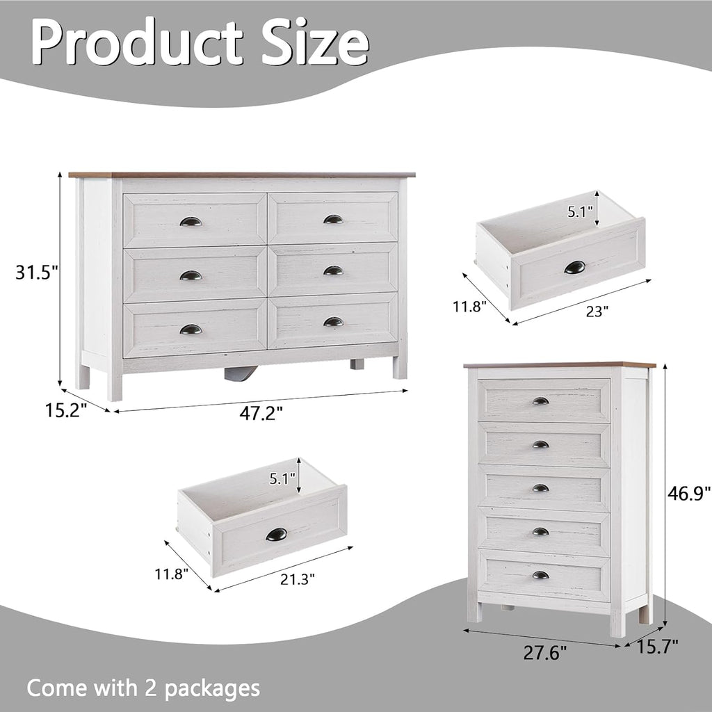 SINROM Farmhouse 2-Piece Bedroom Dresser Set, 6 Drawer Wide Dresser & 5 Drawer Tall Dressers, Distressed Wood Grain Finish with Shell Handles, Dressers Chest of Drawers for Bedroom
