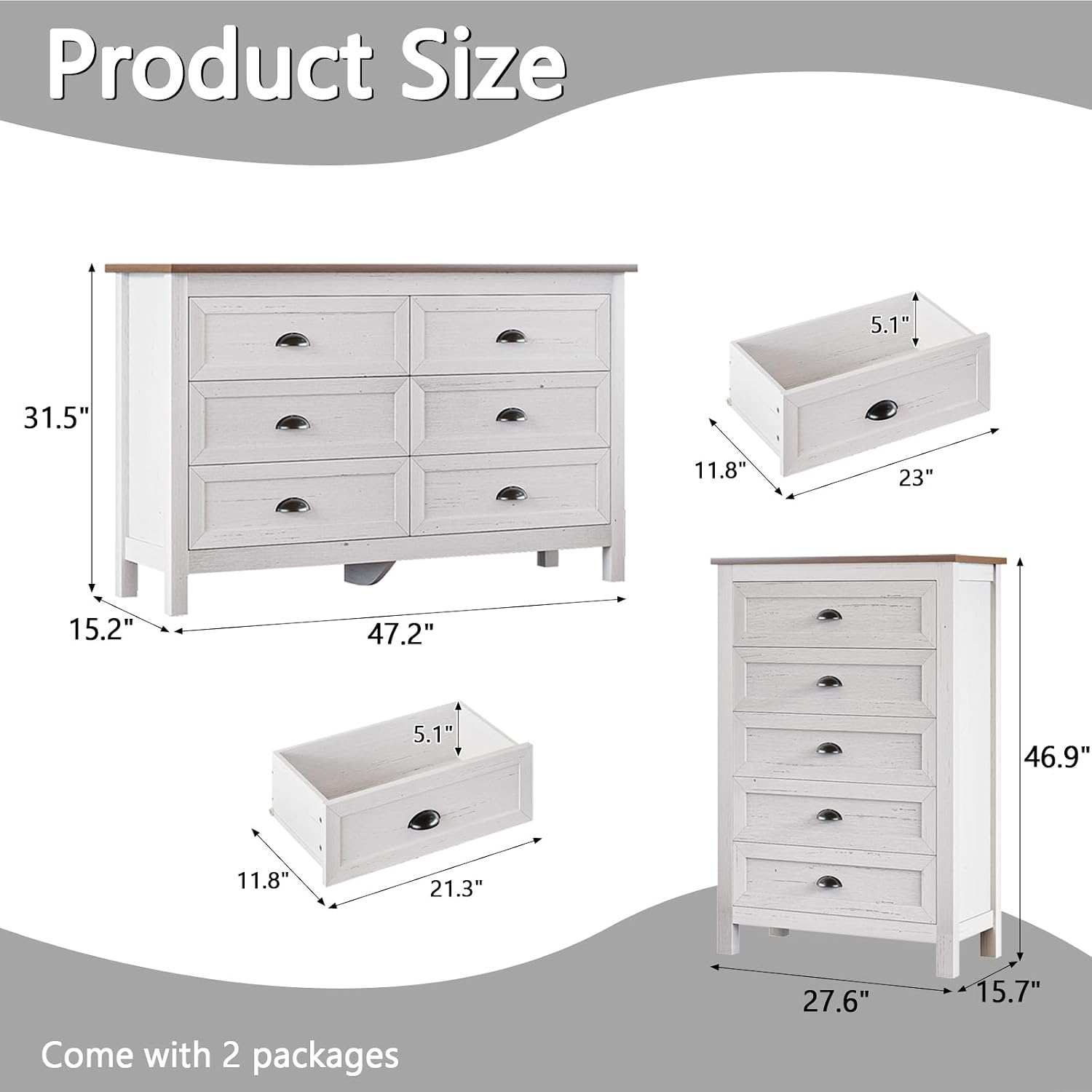 SINROM Farmhouse 2-Piece Bedroom Dresser Set, 6 Drawer Wide Dresser & 5 Drawer Tall Dressers, Distressed Wood Grain Finish with Shell Handles, Dressers Chest of Drawers for Bedroom