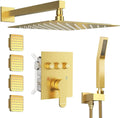 Brushed Gold Shower System with Body Jets，Bostingner 12' Rain Shower and Handheld, Can Use All Spray at A Time,Wall Mount Push Button Shower Faucet Set with Valve and Trim Kit Included