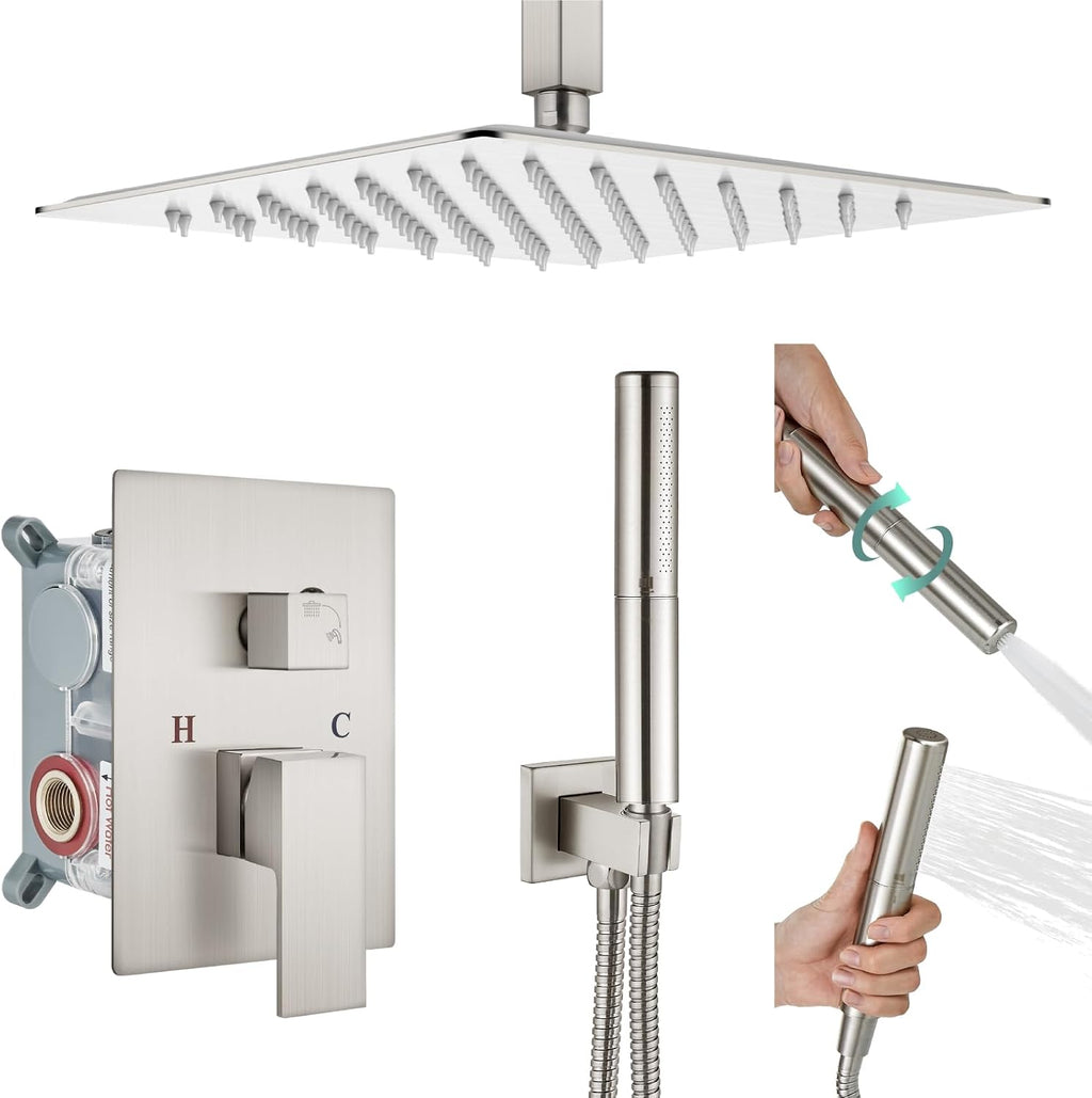 Heyalan Shower System Brushed Nickel Ceiling Mount 12 Inch Square Rain Shower Head 2 in 1 Handheld Shower Sprayer Rough in Valve Bathroom Rainfall Showerhead Combo Set