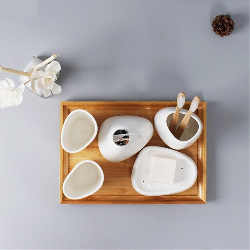 Bathroom Soap Dispenser Set Ceramic Bathroom Accessories Set Soap Dispenser Toothbrush Holder Toothbrush Cup Soap Box Tray Toilet Brush Bathroom Supplies(White)