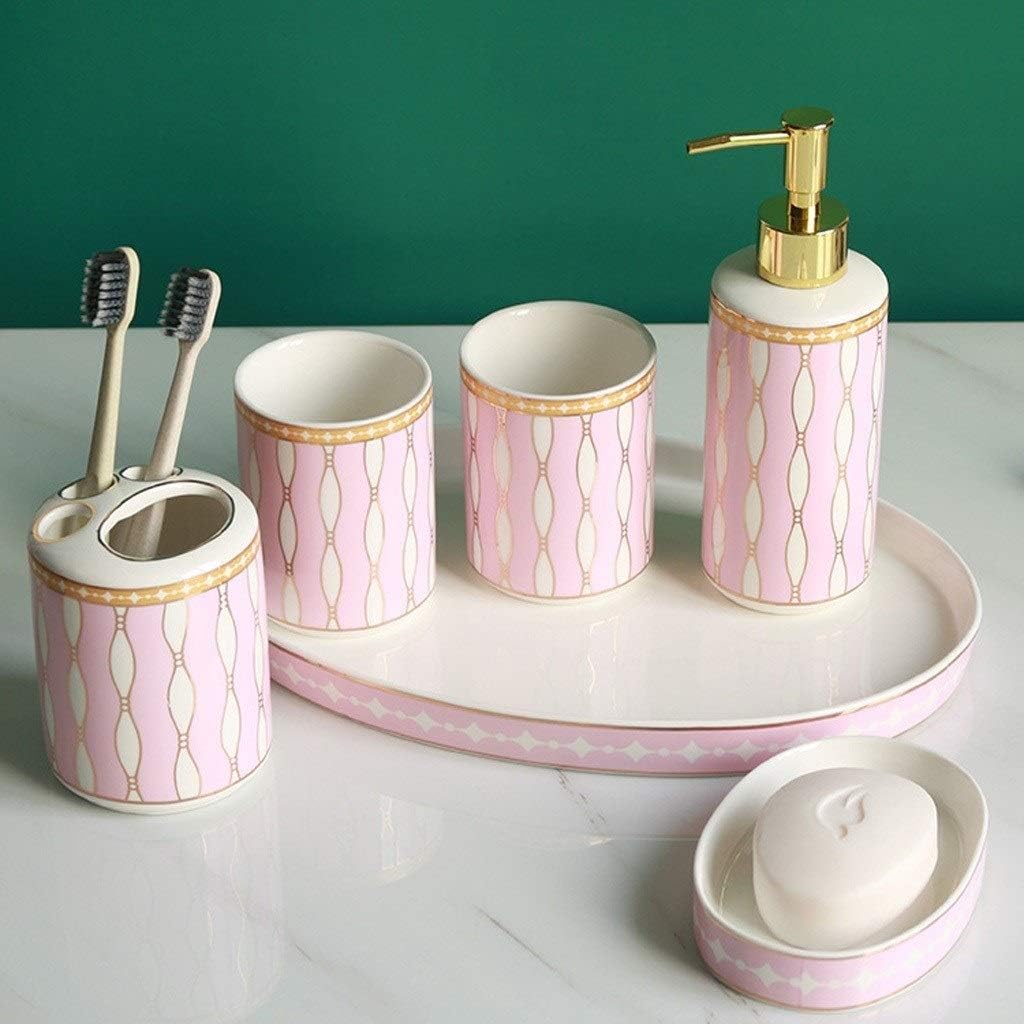 Kitchen Soap Dispenser 6-piece Ceramic Bathroom Accessories Set Soap Dispenser Toothbrush Holder Mug Soap Dish and Utility Tray Household Items Gift Countertop Soap Dispensers ( Color : Pink )