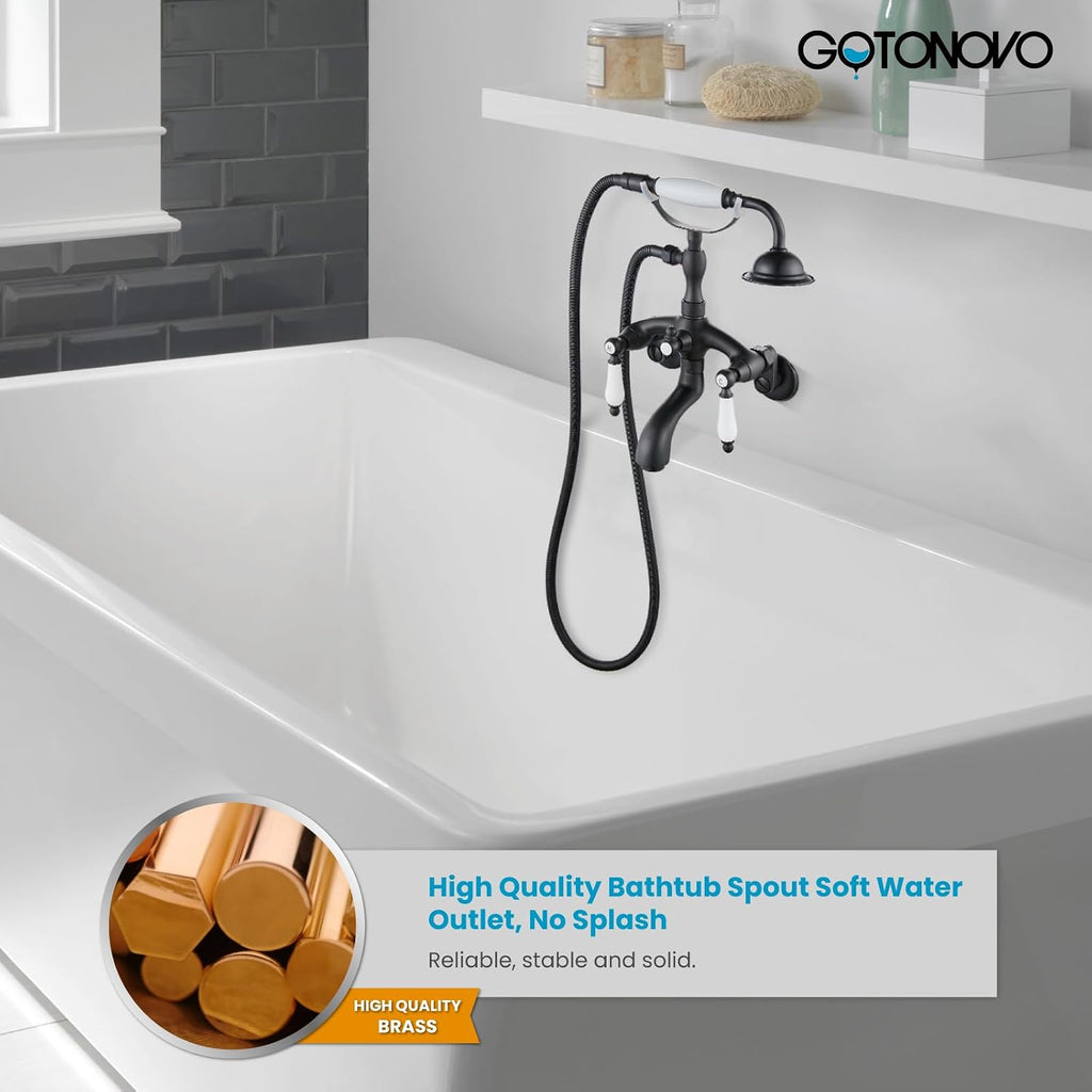gotonovo Clawfoot Tub Bathtub Matte Black Shower Faucet with Hand Shower Sprayer Wall Mount Bronze Ceramics 2 Double Handle Shower Faucet System Telephone Shape