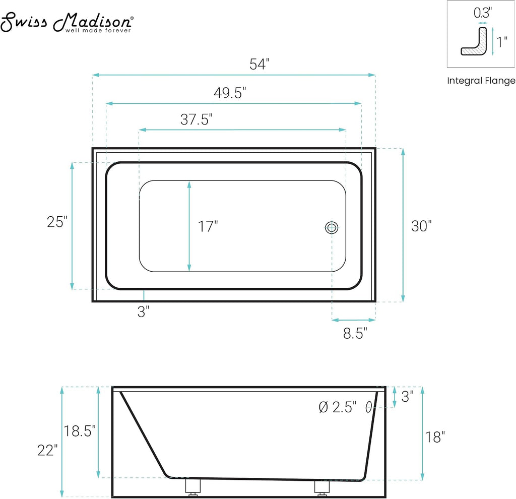 Voltaire 54 x 30 Skirted Right Drain Soaking Alcove Bathtub in Glossy White