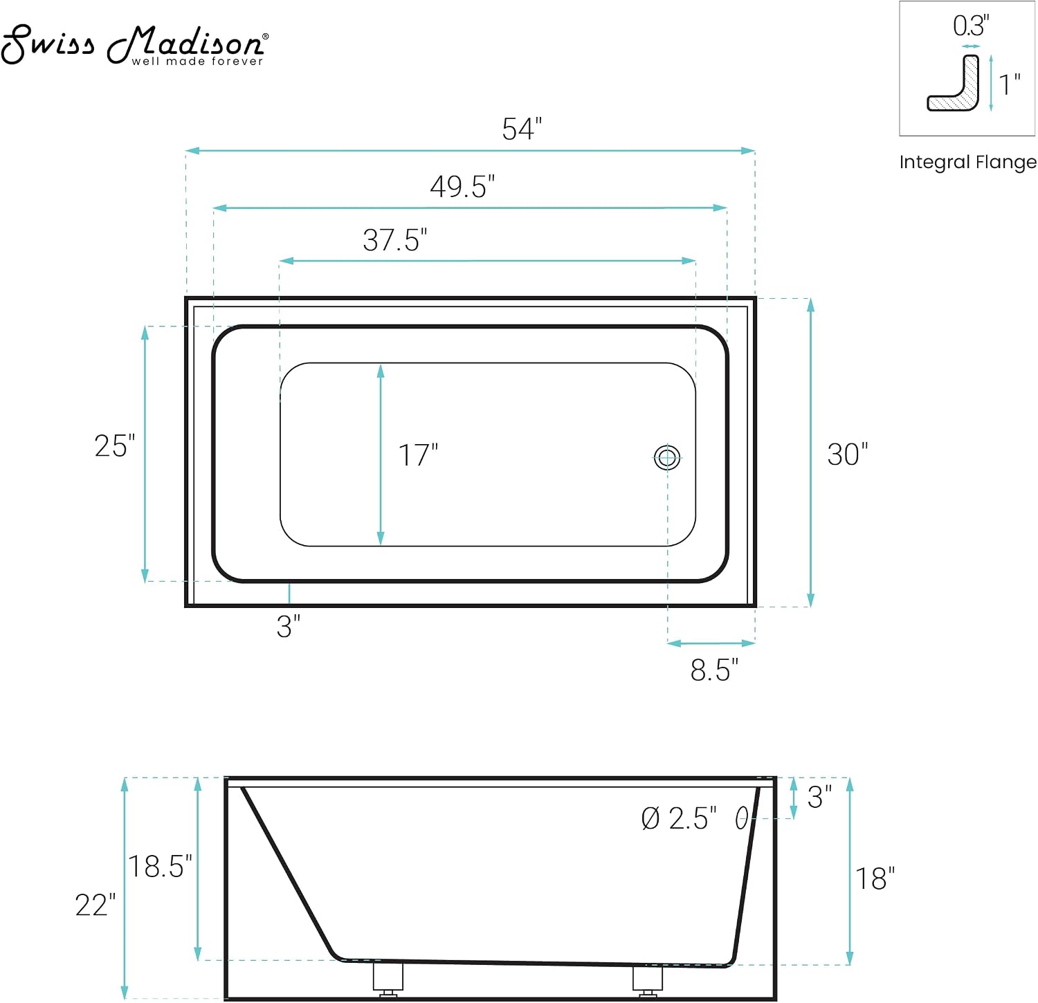 Voltaire 54 x 30 Skirted Right Drain Soaking Alcove Bathtub in Glossy White