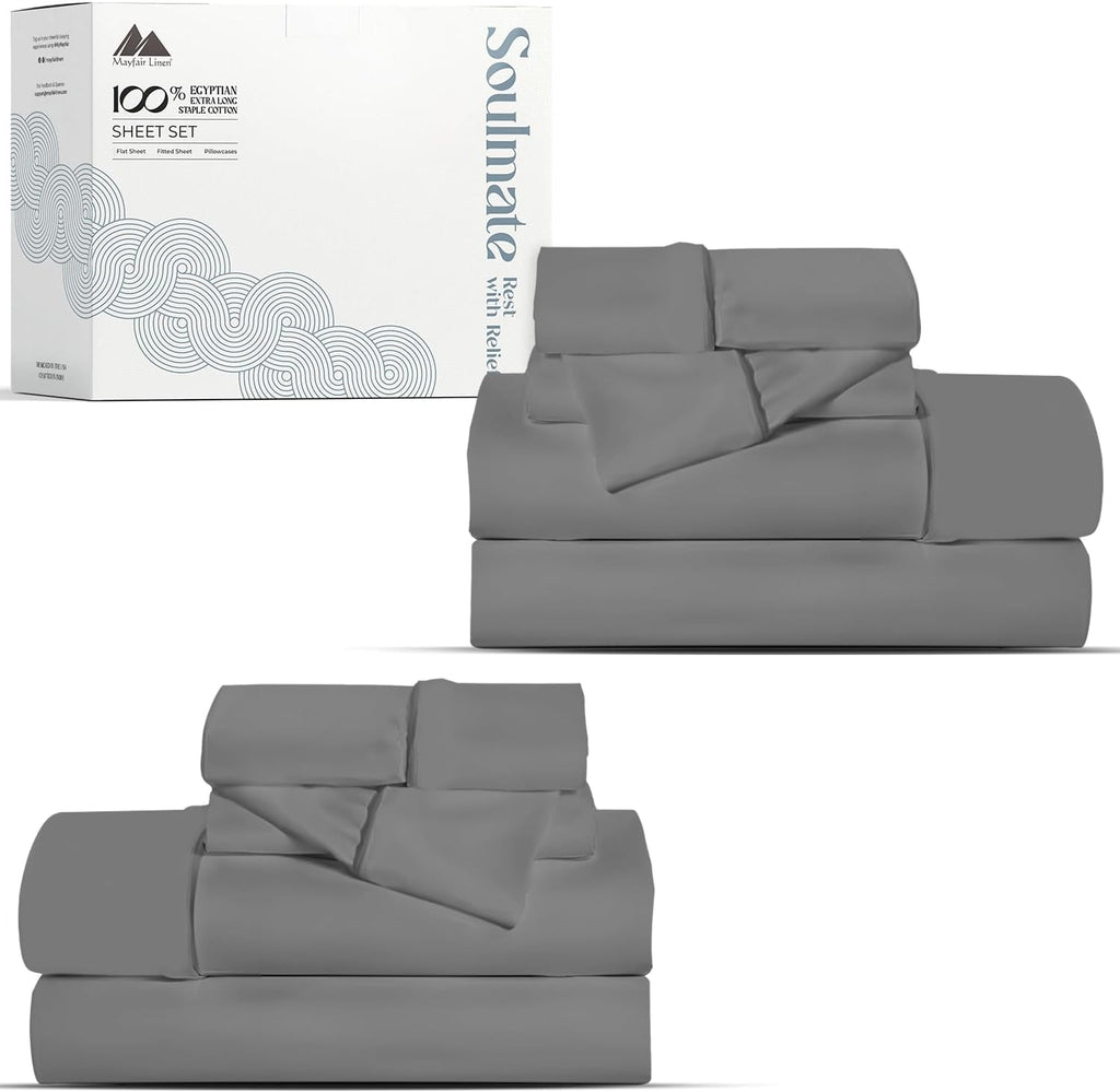 Mayfair Linen 100% Egyptian Cotton 2 Pack Queen Sheet Set - Luxury 500 Series Soulmate Collection Cotton Sheets Queen Size (8 PC, Dark Grey), Soft, Cooling, Sateen 16' Deep Pocket Hotel Quality Sheet