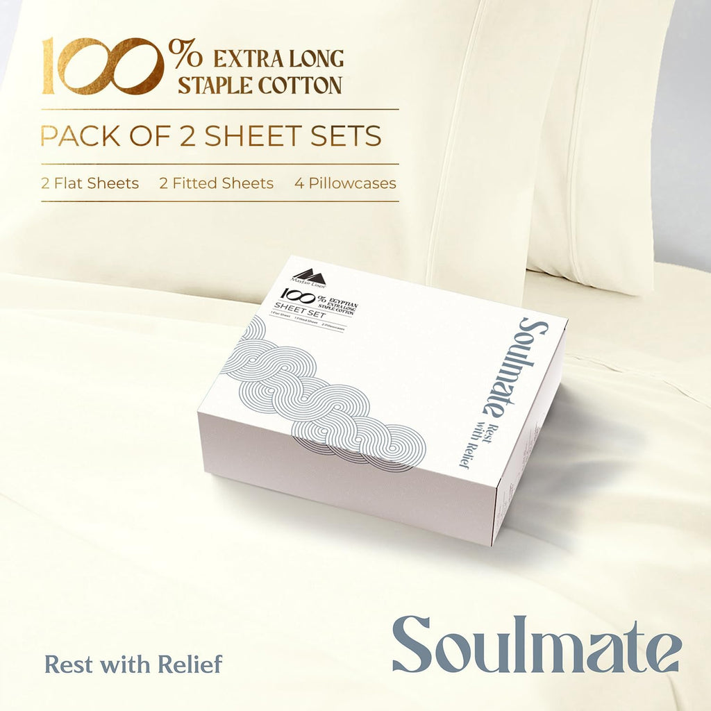 Mayfair Linen 100% Egyptian Cotton 2 Pack Full Sheet Set - Luxury 500 Series Soulmate Collection Cotton Sheets Full Size (8 PC, Ivory), Silky Soft, Cooling 16' Deep Pocket Hotel Quality Sheet