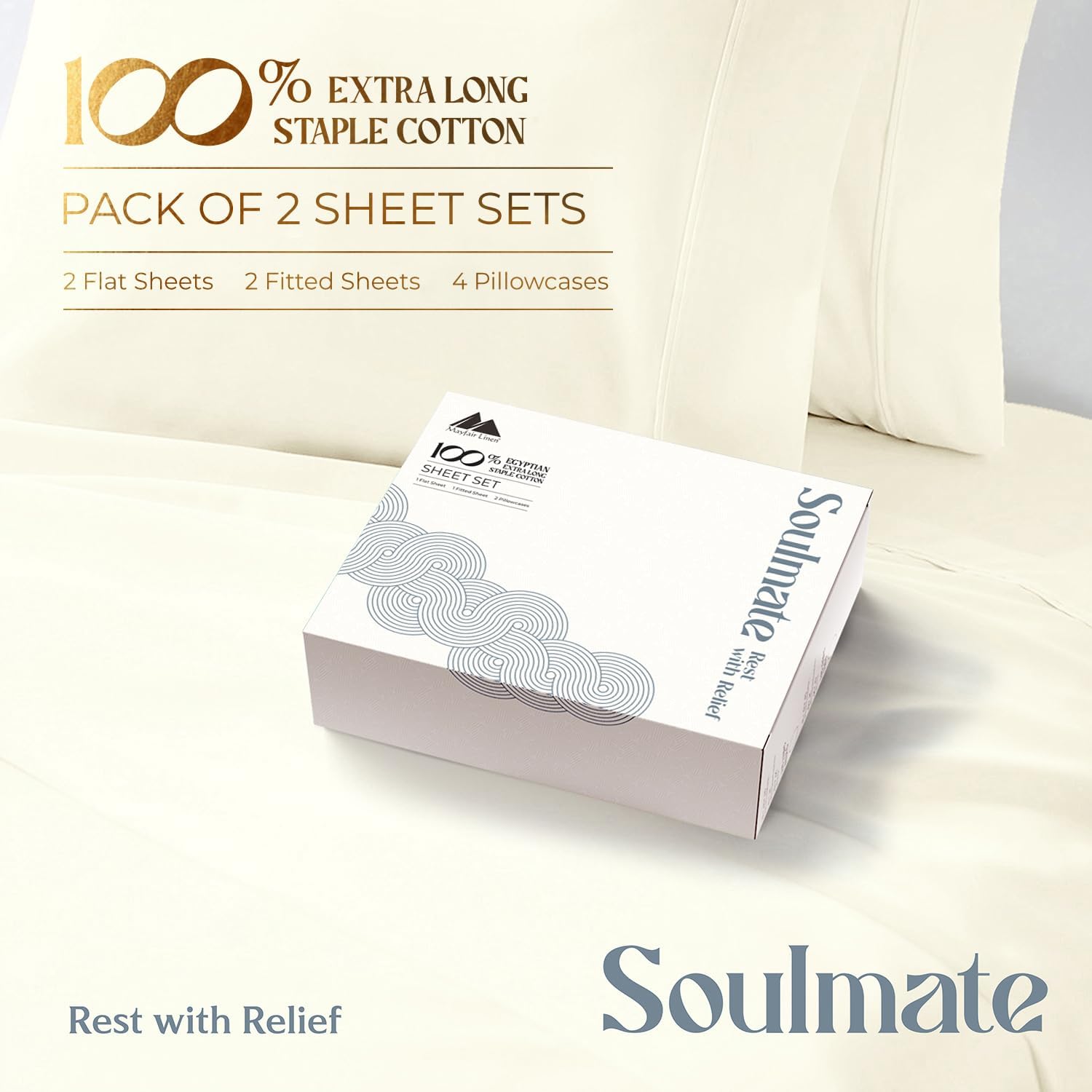 Mayfair Linen 100% Egyptian Cotton 2 Pack Full Sheet Set - Luxury 500 Series Soulmate Collection Cotton Sheets Full Size (8 PC, Ivory), Silky Soft, Cooling 16' Deep Pocket Hotel Quality Sheet