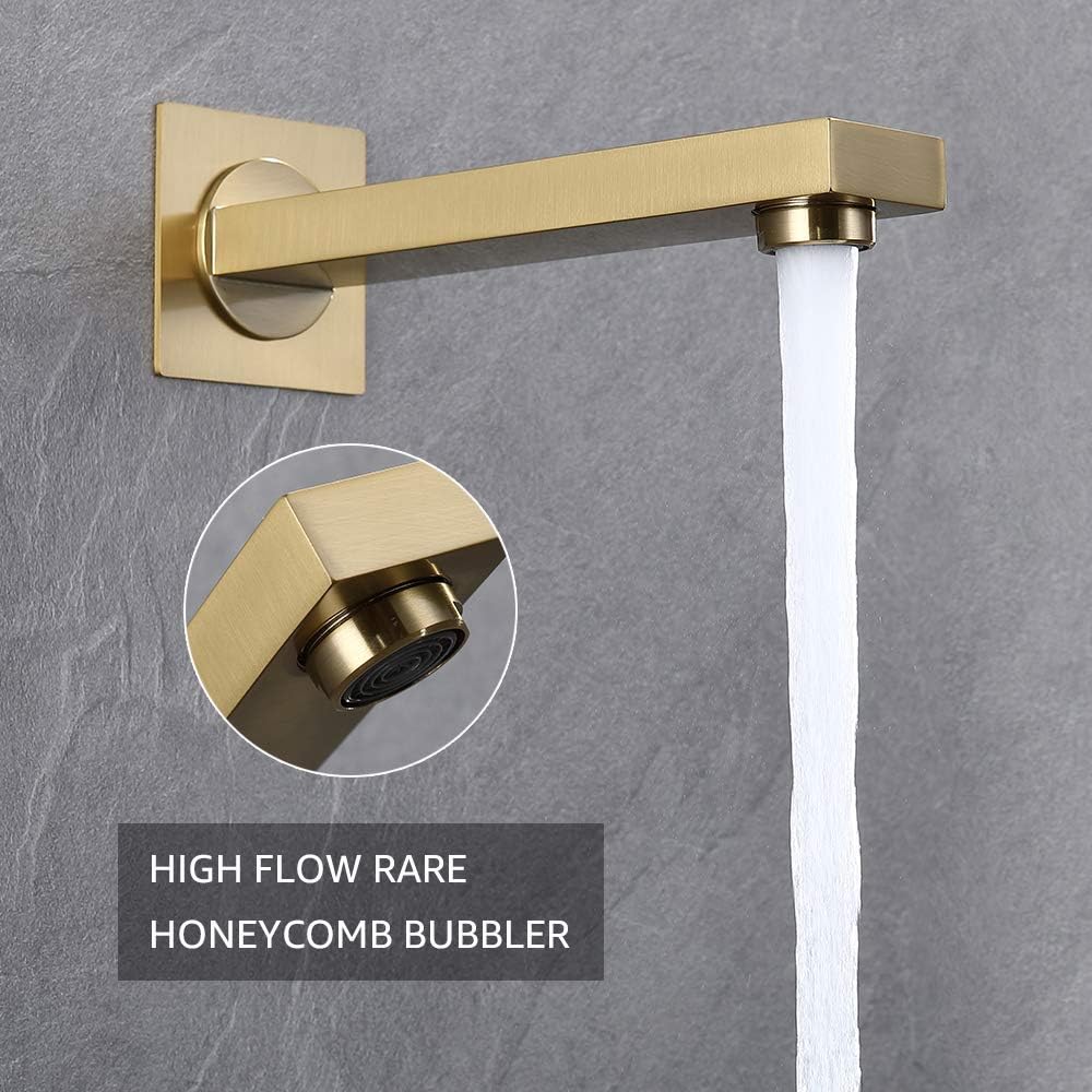 Iriber Brushed Gold Rain Shower System with Waterfall Tub Spout 3 Function Shower Faucet Set Contain 12 Inch Shower Head and Handheld Modern Bathroom Shower Trim Kit (Valve Cartridge Included)