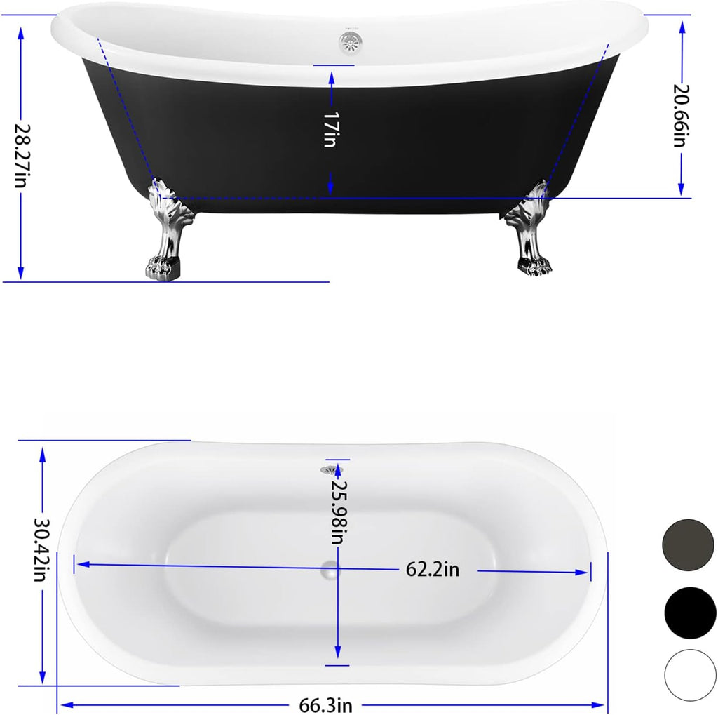67' Acrylic Freestanding Bathtub, Free Standing Clawfoot Tub, Soaking Tub with Integrated Slotted Overflow, Toe-Tap Chrome Drain, cUPC Certified, Matte Black