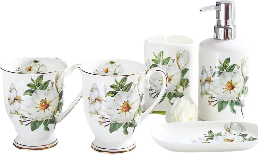 Bathroom Accessories Set 5 Piece Modern Ceramic Bathroom Accessory Set with Soap Dispenser, Tumbler Toothbrush Holder Dish 4pcs Victorian Decor(D)