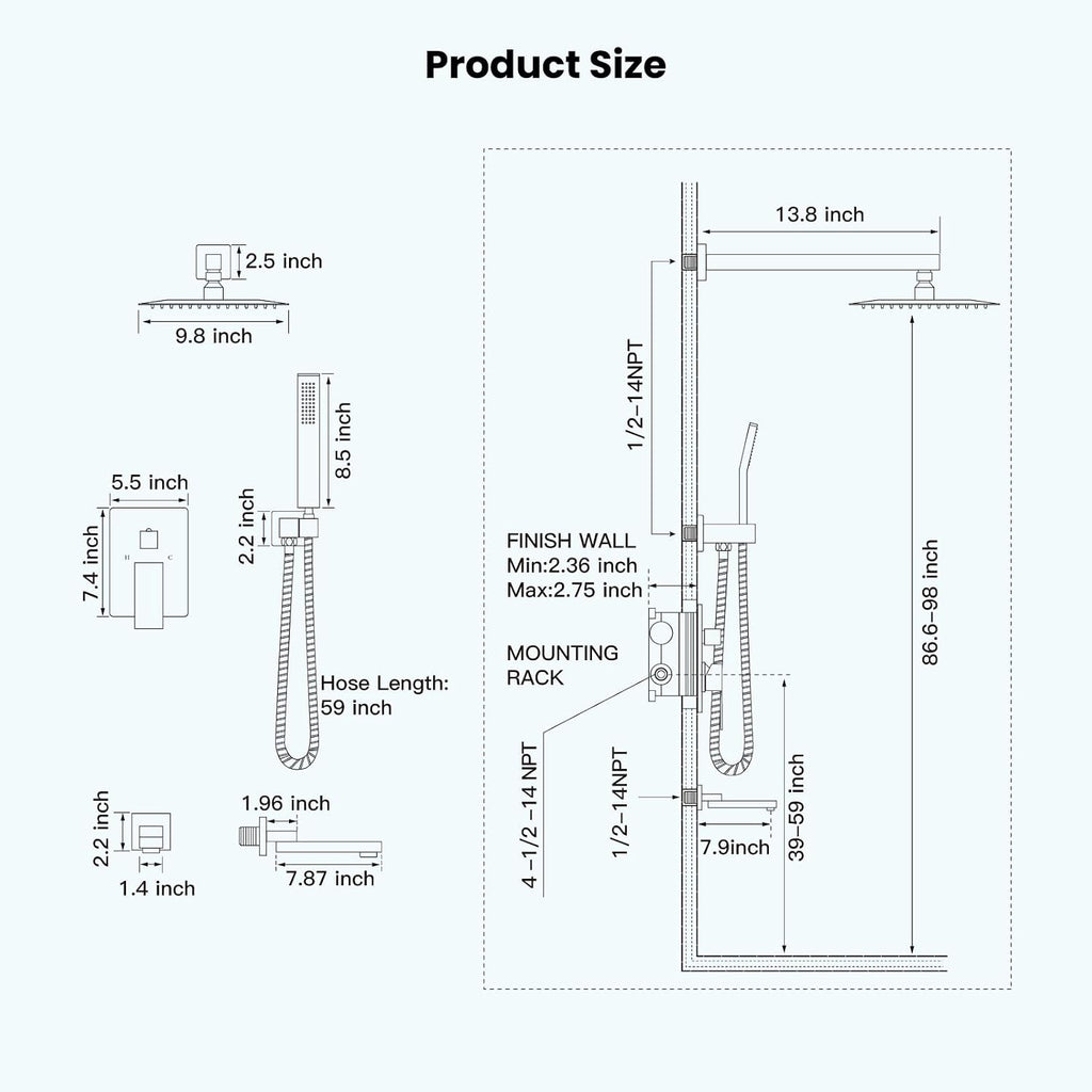 gotonovo Rainfall Tub Shower Faucet Set Bathroom Shower System with Tub Spout Wall Mount Square High Pressure Shower Fixtures with Handheld Sprayer Rough-In Valve 10'' Shower Head,Matte Black