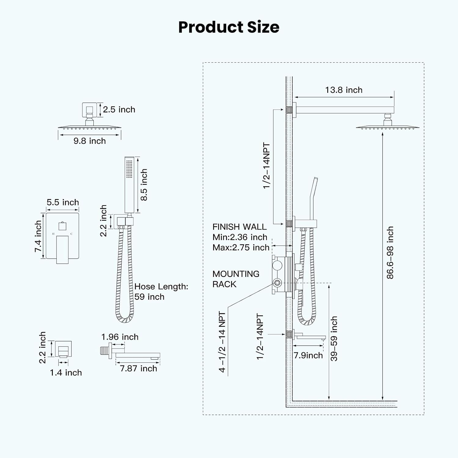 gotonovo Rainfall Tub Shower Faucet Set Bathroom Shower System with Tub Spout Wall Mount Square High Pressure Shower Fixtures with Handheld Sprayer Rough-In Valve 10'' Shower Head,Matte Black