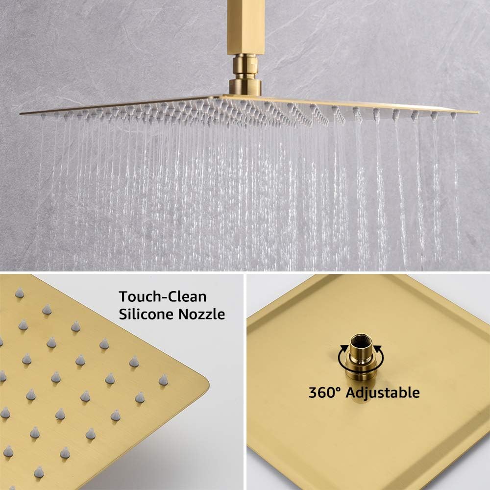 Iriber Ceiling Brushed Gold Rain Shower System with Waterfall Tub Spout 3 Function Shower Faucet Set Contain 12 Inch Shower Head and Handheld Shower Trim Kit (Valve Cartridge Included)