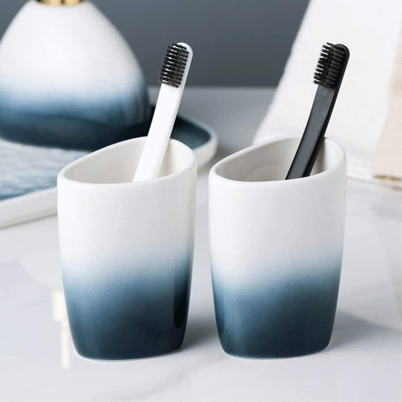Countertop Organizer for Bathroom 6 Piece Bathroom Accessory Set Blue Ceramic Soap Dispenser Retro Toothbrush Holder Home Decor