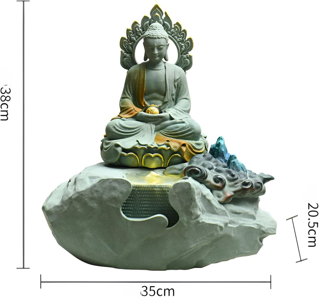 Zen Buddha Tabletop Fountain with LED Lights & Crystal Accents – Indoor Meditation Waterfall Feature with Cascading Water for Home, Office, Living Room or Bedroom – Free 10 Free Crystals (Style 6)