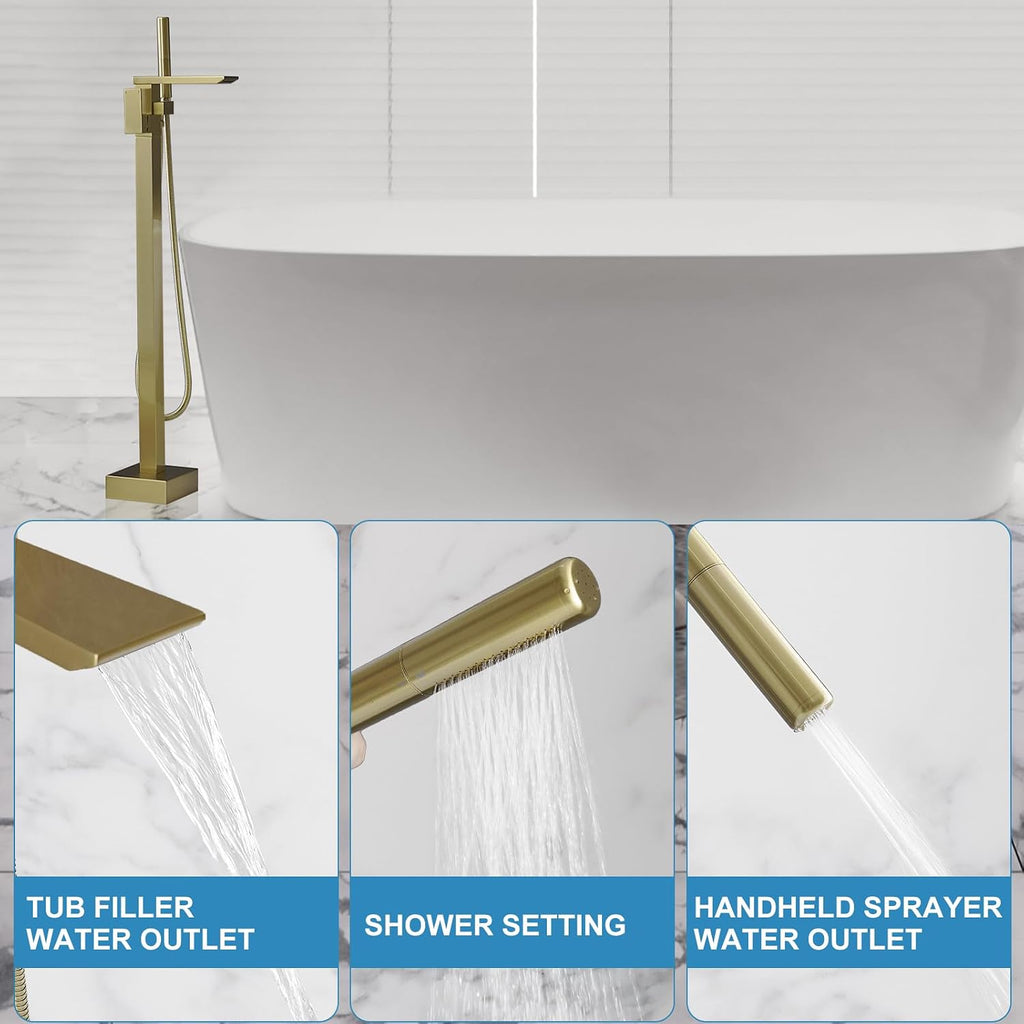 RUMOSE Brushed Gold Bathtub Filler Freestanding Tub Filler Floor Mount Tub Faucet Waterfall Bathtub Faucet with CUPC Certified High Flow Brass Bath Shower Faucets with Handheld Sprayer