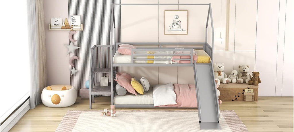 MERITLINE Metal Bunk Bed Twin Over Twin Bunk Bed Frame with Slide and Stairway,Twin Over House Bed with Guardrails