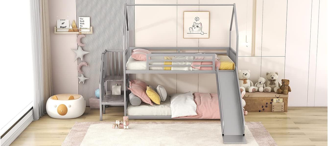 MERITLINE Metal Bunk Bed Twin Over Twin Bunk Bed Frame with Slide and Stairway,Twin Over House Bed with Guardrails