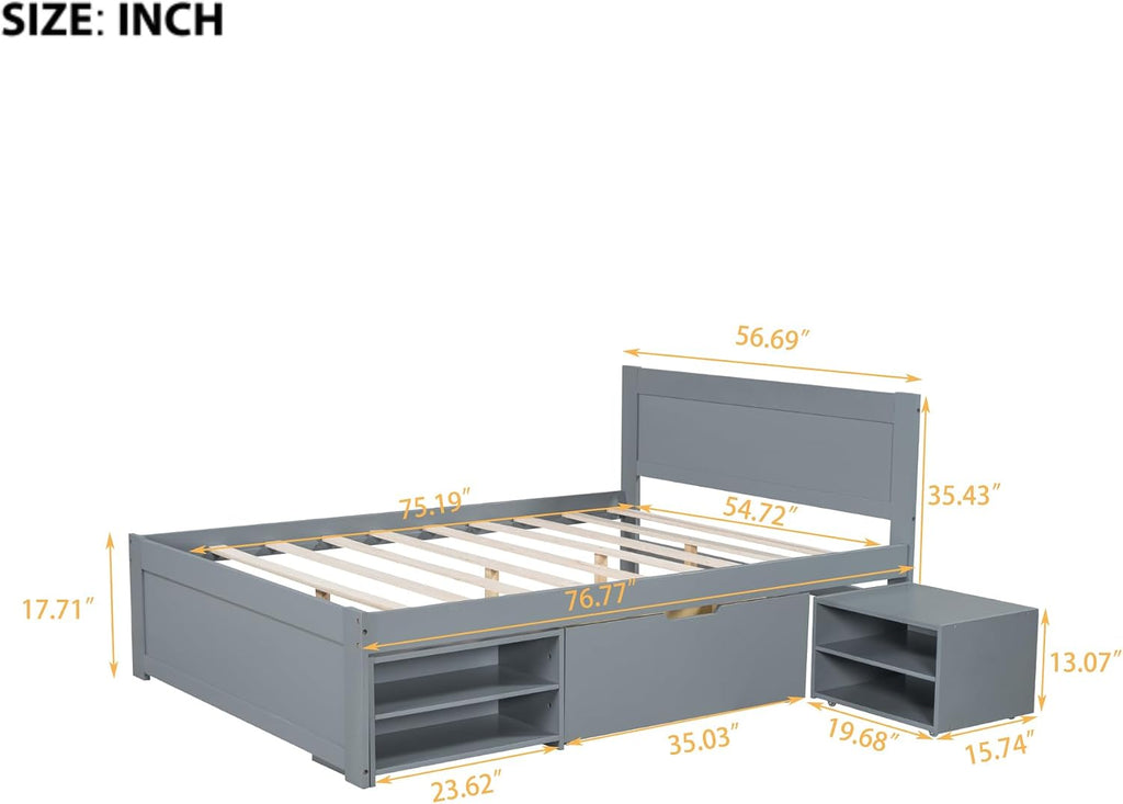 Wood Full Size Platform Bed with Storage Drawer and Removable Bedside Table, Modern Captain's Bed Frame with Shelves, Sturdy Slat Support, No Box Spring Required (Gray-9.29)