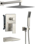 DASAN Tub Shower Faucets Sets Complete Brushed Nickel Bathtub Shower System with Waterfall Tub Spout, Bathtub Faucet Set Tub and Shower Faucet Combo Trim Kit with Valve, DA-SS04BN-S10W
