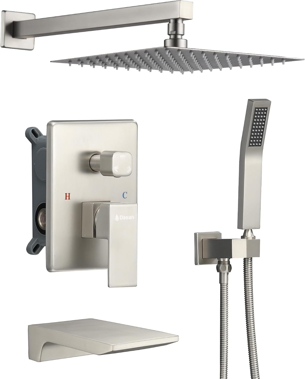 DASAN Tub Shower Faucets Sets Complete Brushed Nickel Bathtub Shower System with Waterfall Tub Spout, Bathtub Faucet Set Tub and Shower Faucet Combo Trim Kit with Valve, DA-SS04BN-S10W