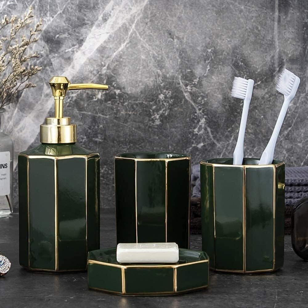 Bathroom Accessories Set Complete, 4-Piece Ceramic Bathroom Toothbrush Holder and Soap Dispenser Set, Soap Dish Bathroom Decor (Color : Green) (Pink)
