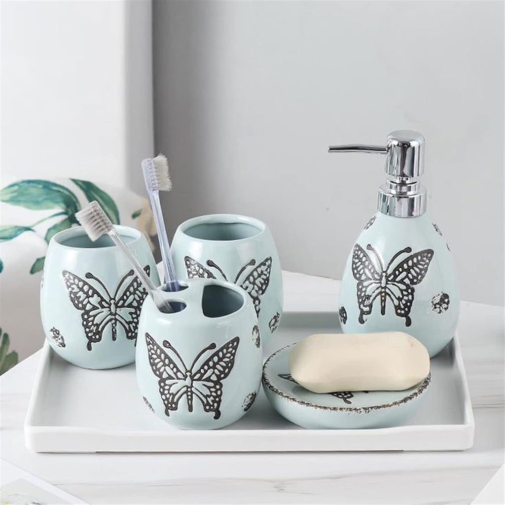 Soap Dispenser/Dispenser for Handwashing Fluid Bathroom Accessories Set 6 Pieces Includes Soap Dispenser Toothbrush Holder Tumbler Soap Dish and Tray,(Blue)