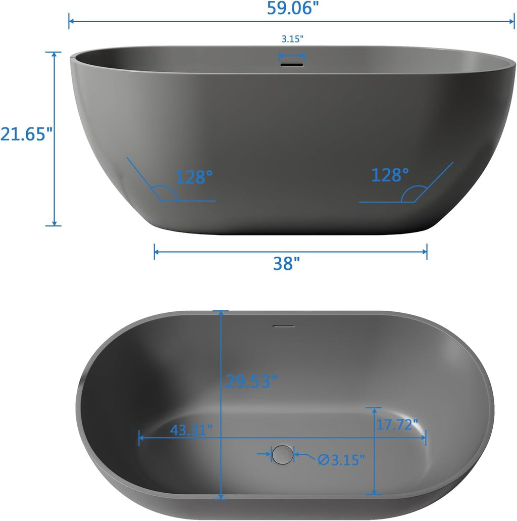 59'' Dark Grey Freestanding Tubs Bathtub Solid Surface Resin Stone Bathtubs soaker Tubs Oval Shaped Matte Luxury Modern Soaking Tub with Overflow and Pop-up Drain