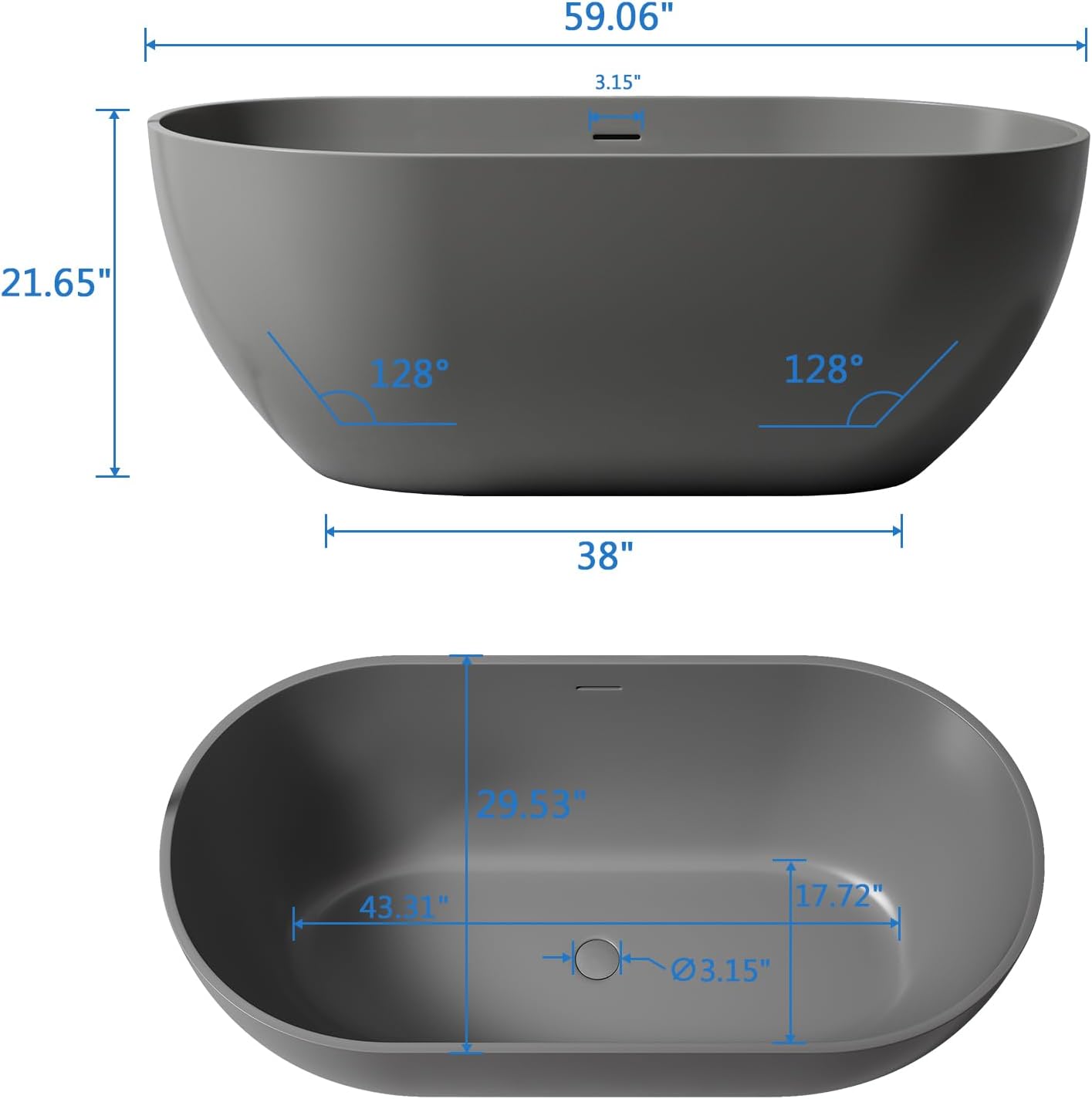 59'' Dark Grey Freestanding Tubs Bathtub Solid Surface Resin Stone Bathtubs soaker Tubs Oval Shaped Matte Luxury Modern Soaking Tub with Overflow and Pop-up Drain