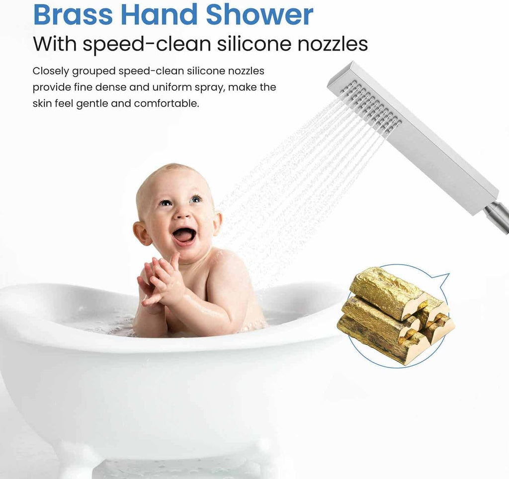 KIBI Cube Brushed Nickel Freestanding Bathtub Faucet ‑ Floor‑Mounted Brass Tub Filler | Single‑Handle Bathroom Faucets with Hand Shower, Ceramic Cartridge & Stainless Steel Hose (KTF302BG)