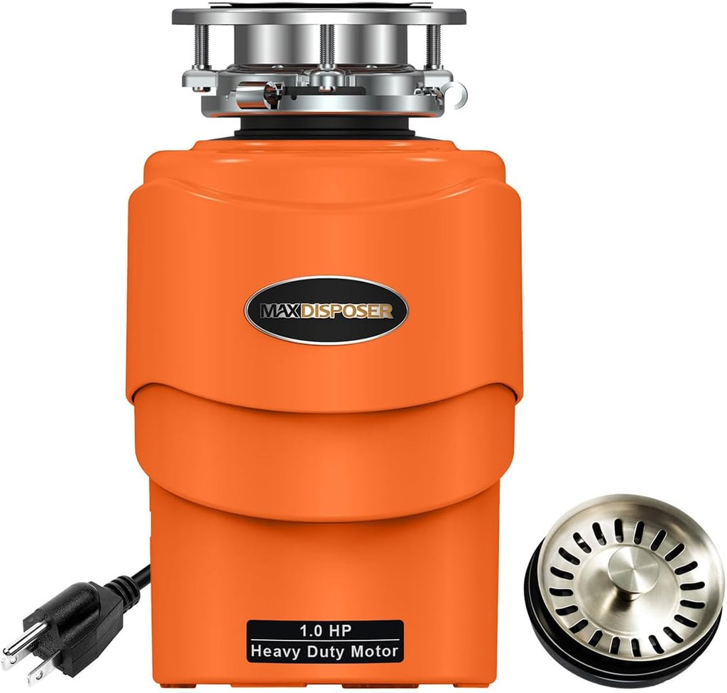 Garbage Disposal 1 HP Ultra Quiet Anti-Jam Grinding System Continuous Feed Food Waste Disposer with Power Cord Easy install, AC Motor Stainless Steel Grind 1 Horsepower (MAX-6)