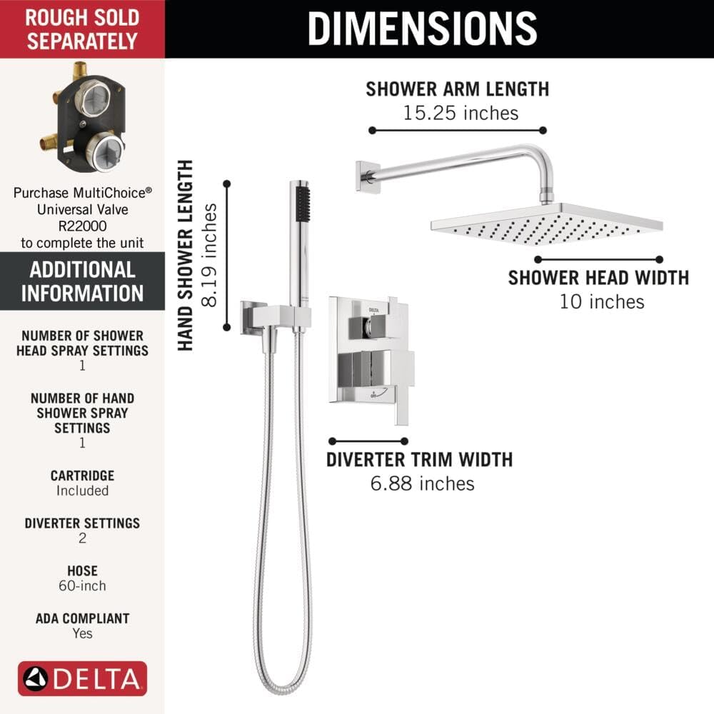 Delta Modern 14 Series Square Rain Shower System Faucet Set, Rainfall Chrome Shower Head and Handle Set, Valve Trim Kit, 10 Inch, Chrome T342701 (Valve Not Included)
