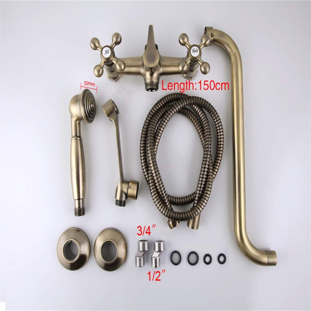 Wall Mounted Bathtub Faucet Antique Brass Shower Set Head and Hand Shower Bathroom Double Handle Dual Hole Shower Faucet with 36cm Nose