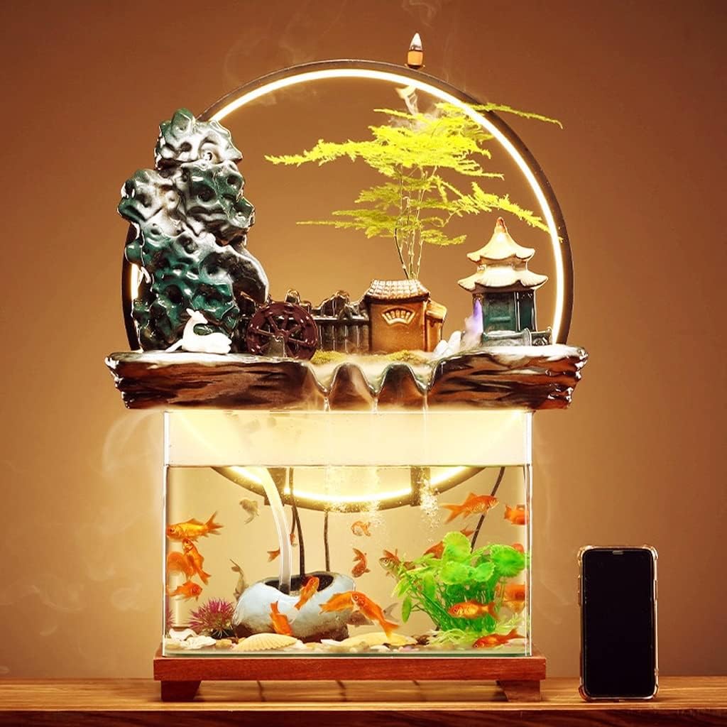 HIHELO Desktop Fountain Tabletop Fountain Ceramic Waterfall Fountain with Lamp Ring and Fish Tank Tabletop Flowing Water Decoration Office Home Decoration Water Fountain Outdoor (Color : A)