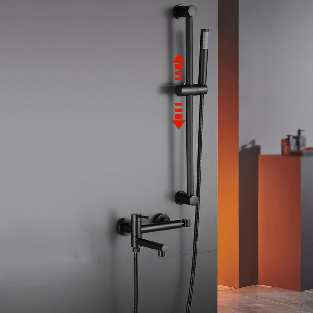 BiaoTeng Wall Mount Tub Faucet with Handheld Shower Hot and Cold Brass Single Handle Wall Mount Bath Tub Faucet Set Black