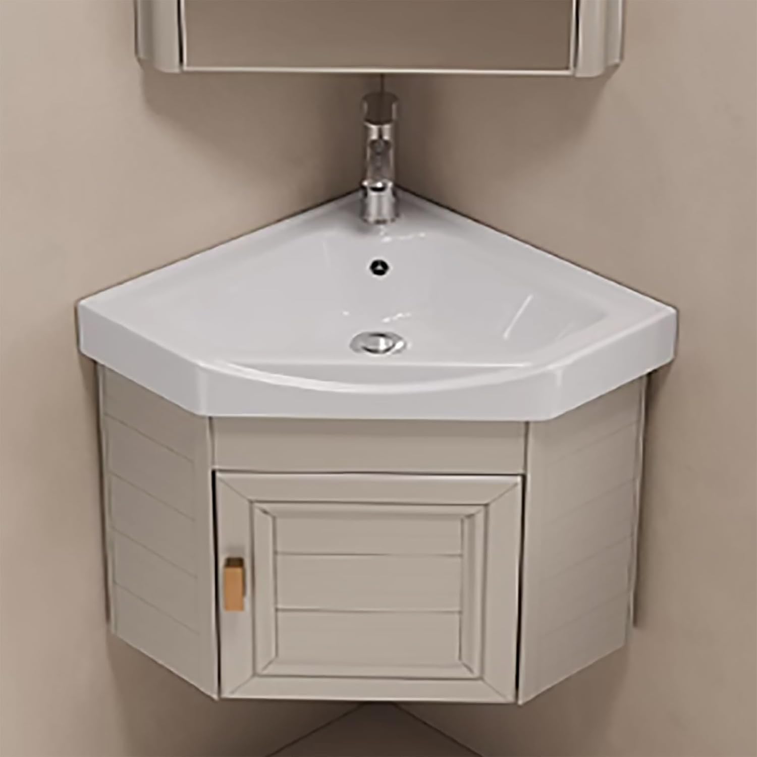 Wall-Mounted Beige Ceramic Sink with Vanity Set Complete Bathroom Fur Including Faucet 38Cm Space-Saving Washbasin & Under-Sink Cabinet for Modern Bathrooms.,