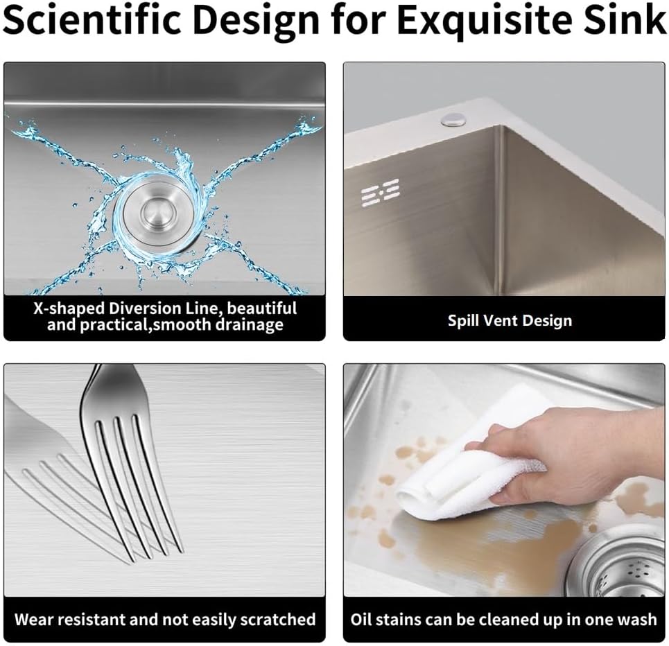 27 inch Kitchen Sink Drop in Stainless Steel Top Mount Sink with Brushed Finish, Single Bowl Workstation Sink with Basket Strainer and Kitchen Sink Caddy Organizer 26.8'D x 17.7'W x 8.3'H