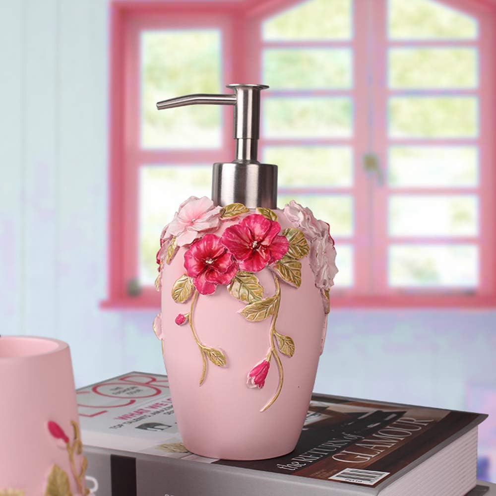 Bathroom Accessories Set Creativity Romantic Wedding Bath Set Resin Bath Ensemble Includes Toothbrush Holder, 2 Tumblers, Liquid Soap Dispenser, Soap Dish,Pink