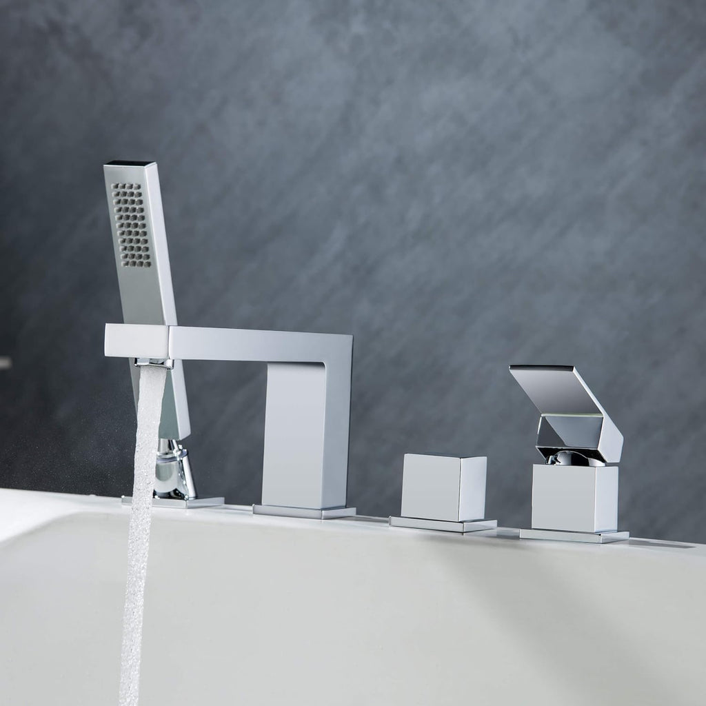 KIBI Cube Single Handle Roman Tub Faucet with Hand Shower | Deck Mounted Bathtub Faucet Set with Solid Brass Construction, Smooth Water Flow & Diverter for Easy Operation (Chrome Finish, KTF3102)