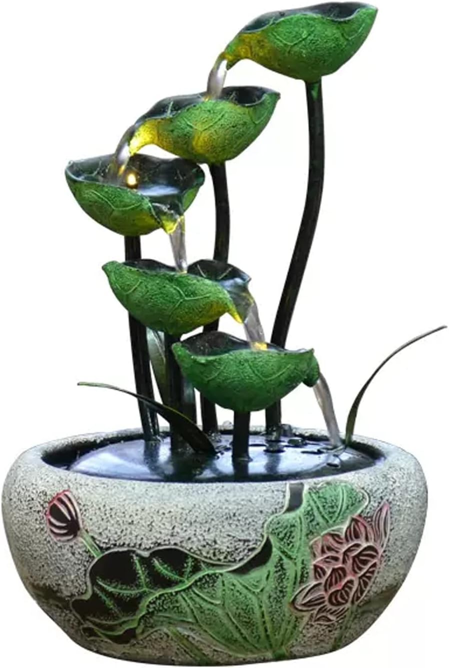 HIHELO Desktop Fountain 5 Tier Tabletop Fountain Indoor Lotus Leaf Relaxation Fountain Tabletop Waterfall Decoration Fountain Zen Meditation Waterfall Decoration Water Fountain Outdoor