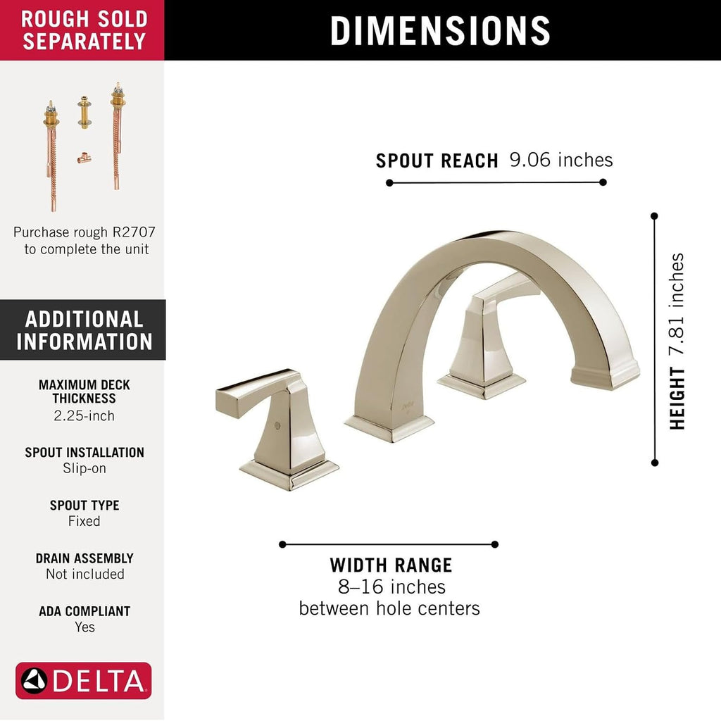 Delta Faucet T2751-PN Dryden Roman Tub Trim, Polished Nickel, 7.81 x 13.94 x 9.06 inches