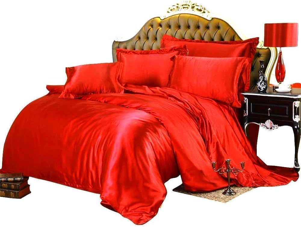 Hotel Luxury Silk Satin 5 Piece Comforter Set- All Season Comforter, Flat Sheet, Fitted 18 inch Deep Pocket, Pillowcases, Red Bedding Sets for Queen Size Bed